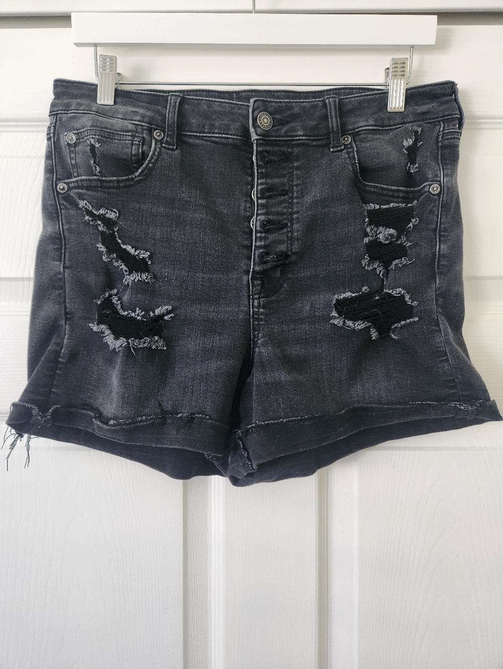 American Eagle Outfitters Black Distressed High-Rise Denim Shorts -10
